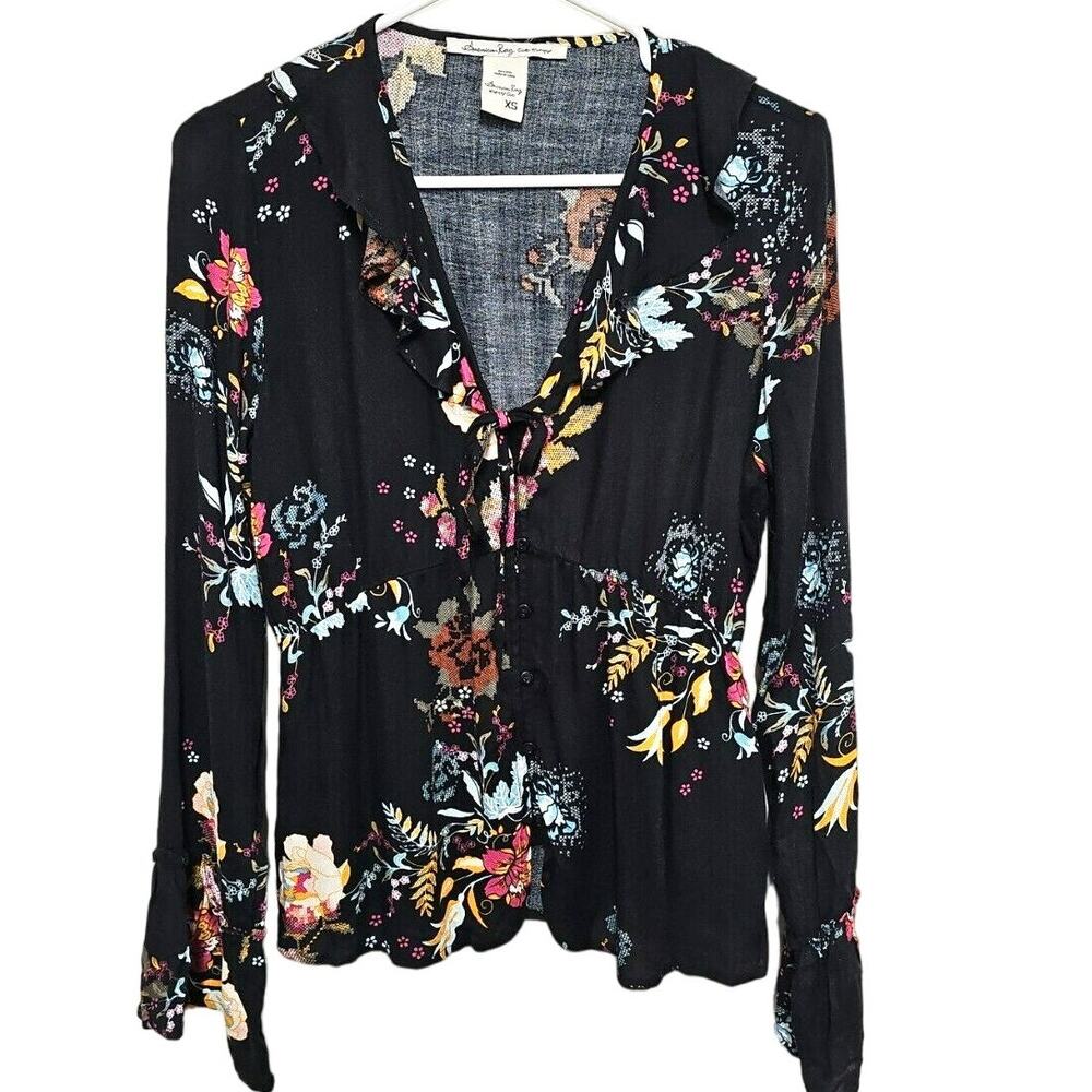 AMERICAN RAG CIE Size XS Ruffled neck Dark Floral Blouse Whimsigoth Fairy